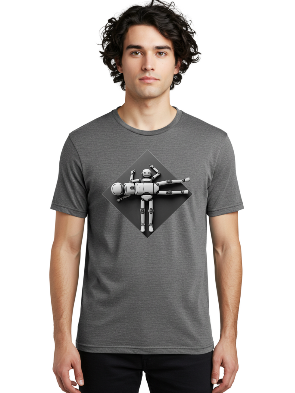 Robot-On-Dark-Square Men'S Graphic Tee, 100% Cotton, Comfortable Casual Summer Wear, Machine Washable, Robot Lying Down, Relaxation Pose, Mechanical Body, Futuristic Design, Artificial Intelligence, Modern Technology, Robot Resting, Bab355
