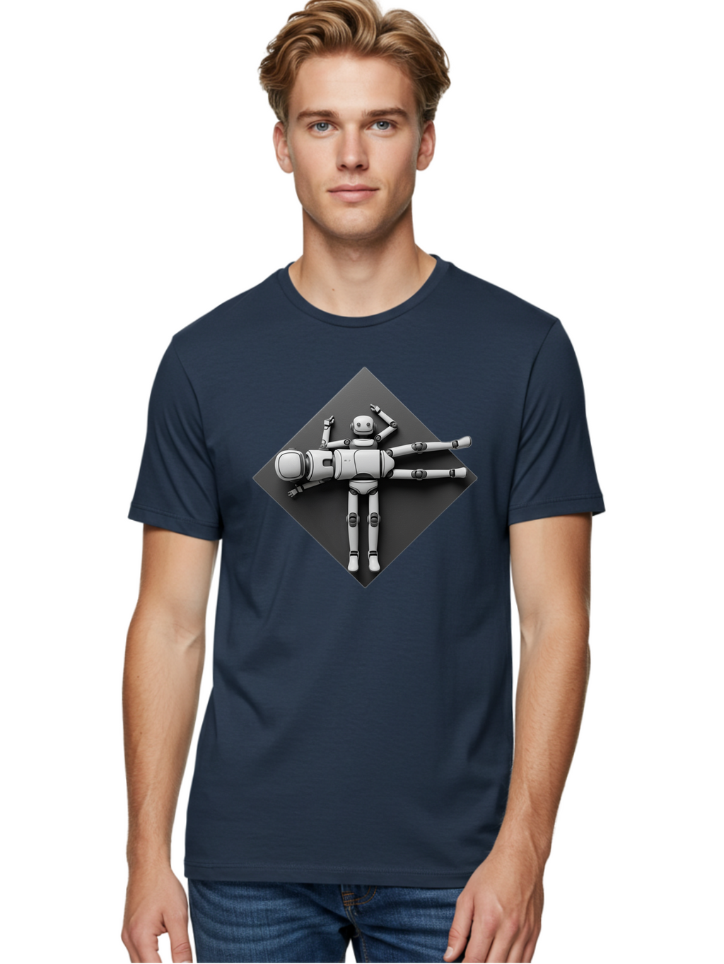 Robot-On-Dark-Square Men'S Graphic Tee, 100% Cotton, Comfortable Casual Summer Wear, Machine Washable, Robot Lying Down, Relaxation Pose, Mechanical Body, Futuristic Design, Artificial Intelligence, Modern Technology, Robot Resting, Bab355