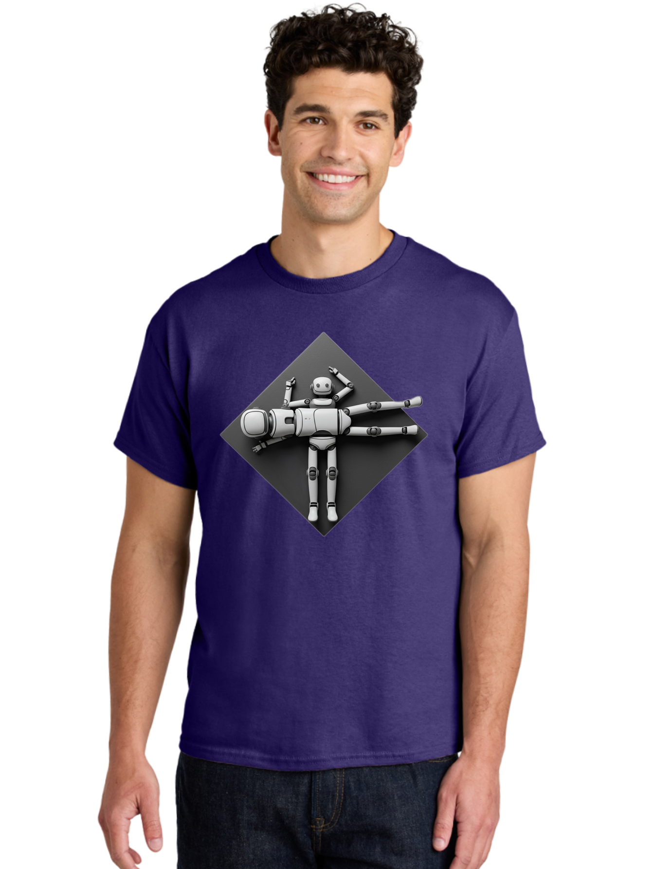 Robot-On-Dark-Square Men'S Graphic Tee, 100% Cotton, Comfortable Casual Summer Wear, Machine Washable, Robot Lying Down, Relaxation Pose, Mechanical Body, Futuristic Design, Artificial Intelligence, Modern Technology, Robot Resting, Bab355