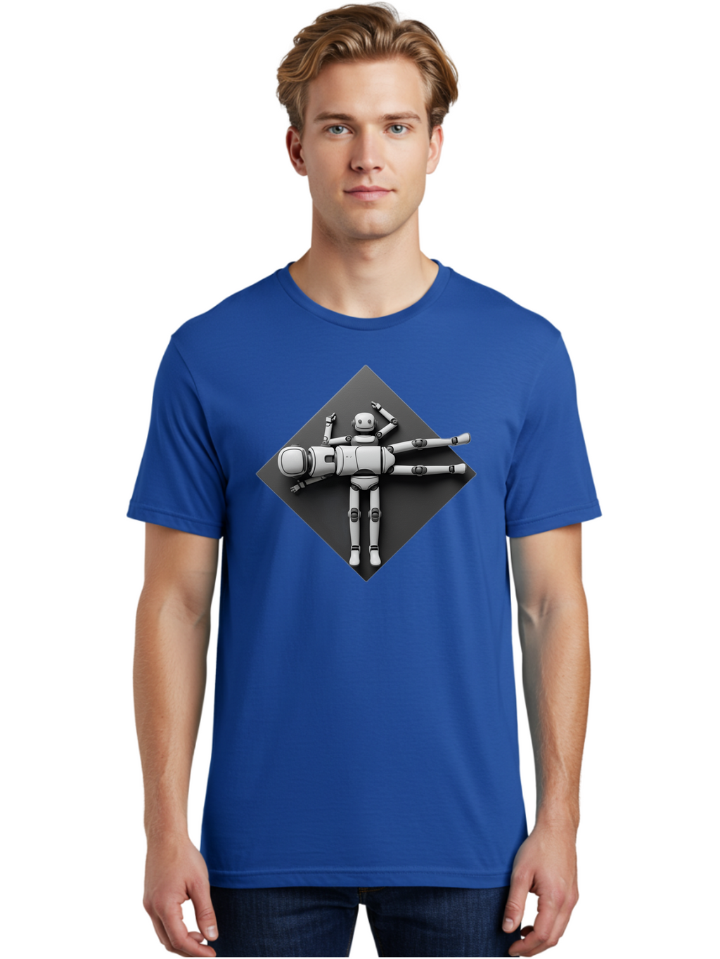 Robot-On-Dark-Square Men'S Graphic Tee, 100% Cotton, Comfortable Casual Summer Wear, Machine Washable, Robot Lying Down, Relaxation Pose, Mechanical Body, Futuristic Design, Artificial Intelligence, Modern Technology, Robot Resting, Bab355