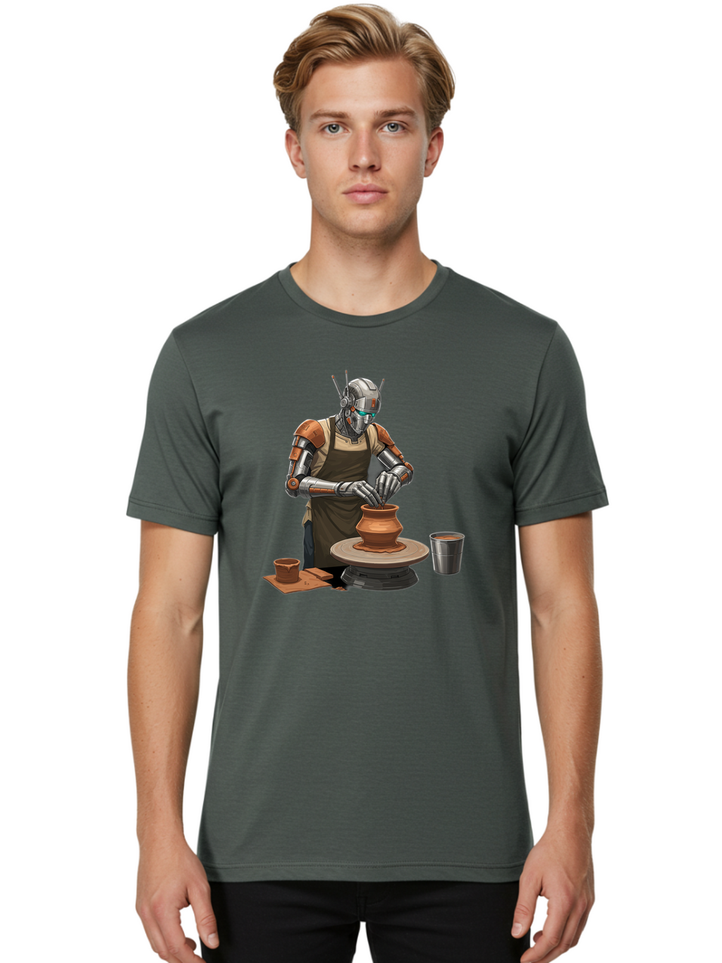 Robot-Potter Men'S Graphic Tee, 100% Cotton, Comfortable Casual Summer Wear, Machine Washable, Robot On Pottery Wheel, Clay Pot, Metal Cup, Robotic Hands, Creative Artwork, Futuristic Pottery, Artistic Creation, Mechanical Craftsmanship, Bab356