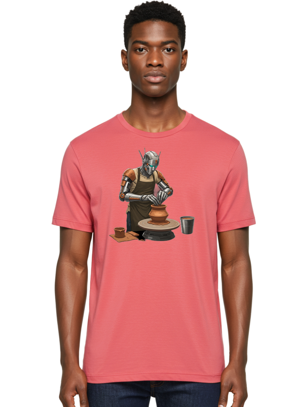 Robot-Potter Men'S Graphic Tee, 100% Cotton, Comfortable Casual Summer Wear, Machine Washable, Robot On Pottery Wheel, Clay Pot, Metal Cup, Robotic Hands, Creative Artwork, Futuristic Pottery, Artistic Creation, Mechanical Craftsmanship, Bab356
