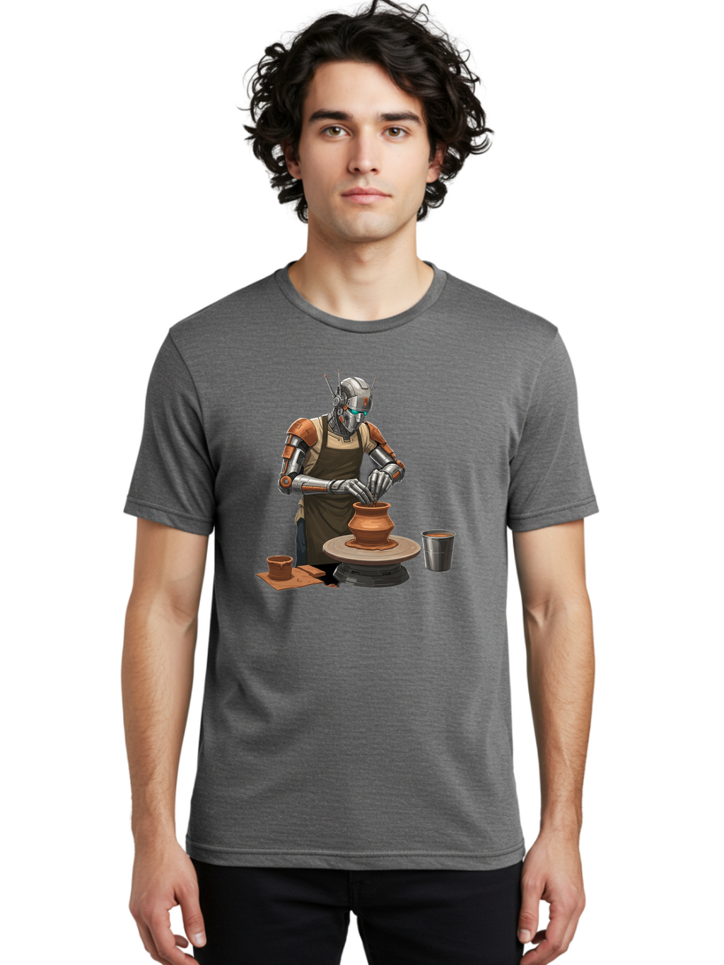 Robot-Potter Men'S Graphic Tee, 100% Cotton, Comfortable Casual Summer Wear, Machine Washable, Robot On Pottery Wheel, Clay Pot, Metal Cup, Robotic Hands, Creative Artwork, Futuristic Pottery, Artistic Creation, Mechanical Craftsmanship, Bab356