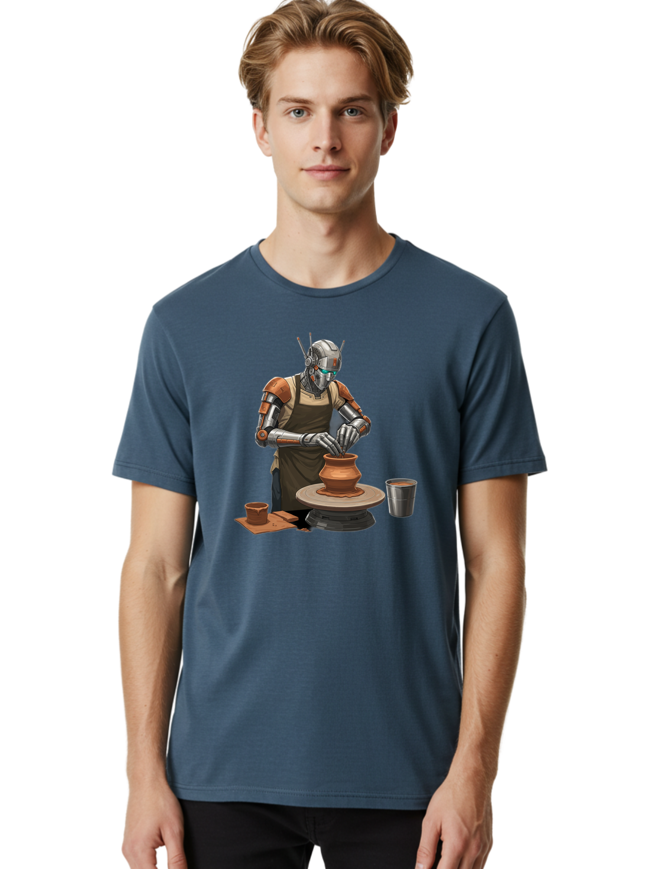 Robot-Potter Men'S Graphic Tee, 100% Cotton, Comfortable Casual Summer Wear, Machine Washable, Robot On Pottery Wheel, Clay Pot, Metal Cup, Robotic Hands, Creative Artwork, Futuristic Pottery, Artistic Creation, Mechanical Craftsmanship, Bab356