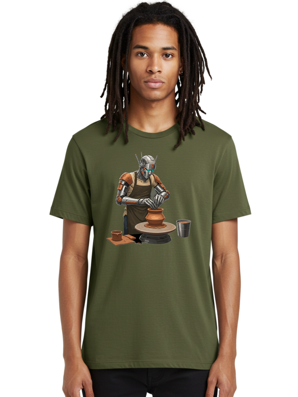 Robot-Potter Men'S Graphic Tee, 100% Cotton, Comfortable Casual Summer Wear, Machine Washable, Robot On Pottery Wheel, Clay Pot, Metal Cup, Robotic Hands, Creative Artwork, Futuristic Pottery, Artistic Creation, Mechanical Craftsmanship, Bab356