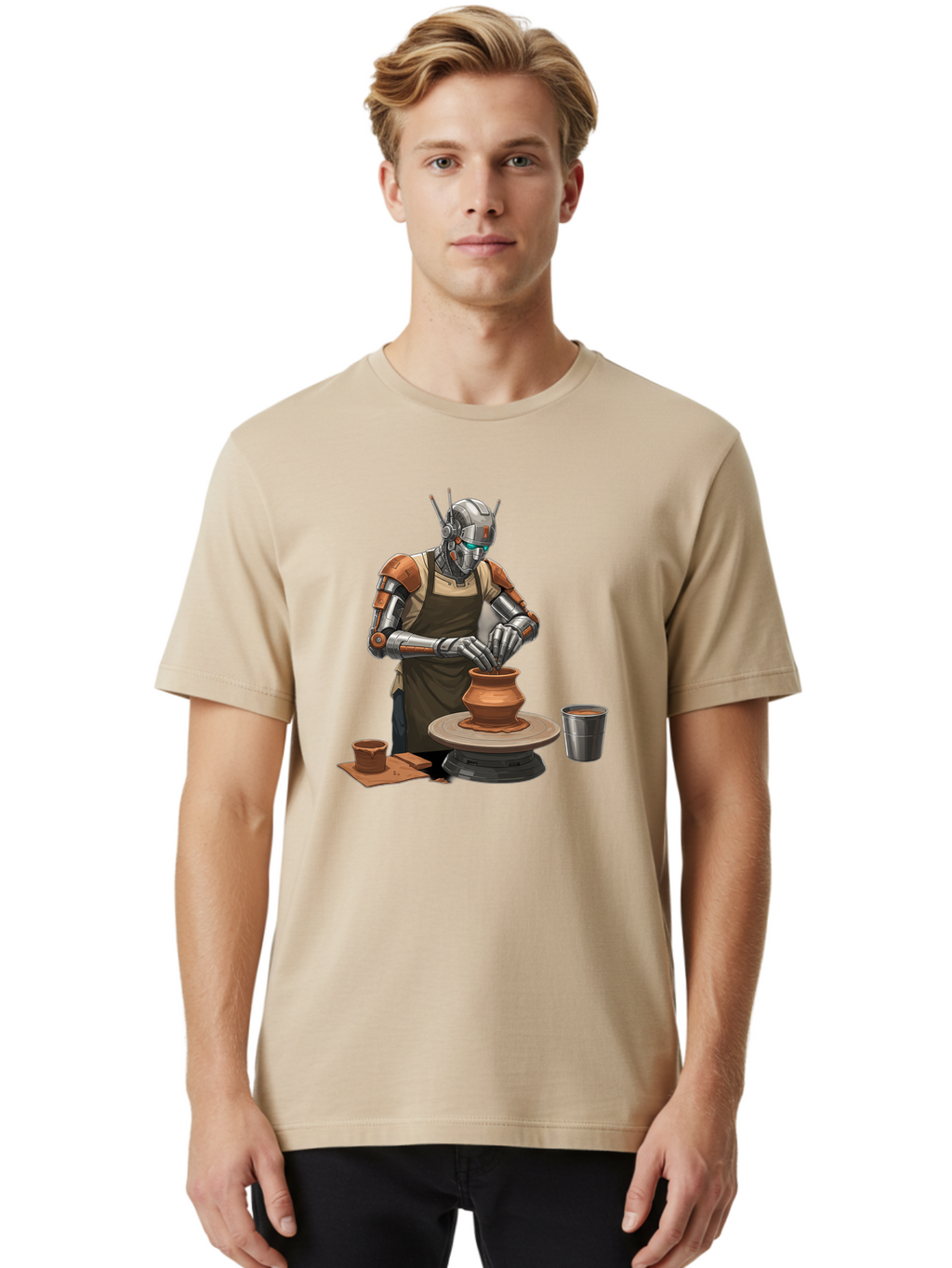 Robot-Potter Men'S Graphic Tee, 100% Cotton, Comfortable Casual Summer Wear, Machine Washable, Robot On Pottery Wheel, Clay Pot, Metal Cup, Robotic Hands, Creative Artwork, Futuristic Pottery, Artistic Creation, Mechanical Craftsmanship, Bab356
