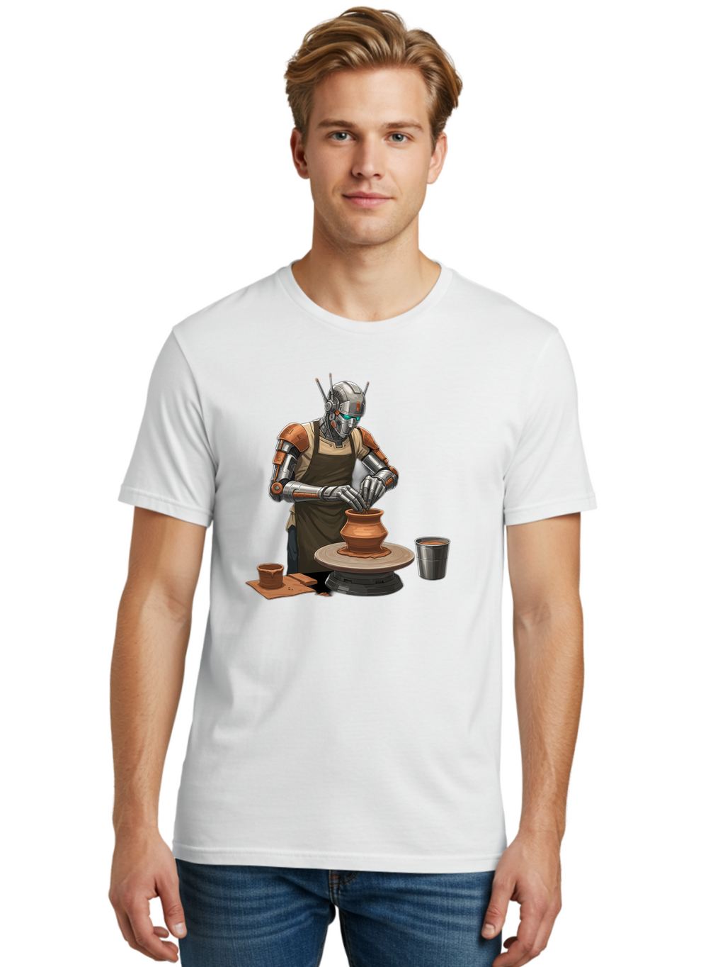 Robot-Potter Men'S Graphic Tee, 100% Cotton, Comfortable Casual Summer Wear, Machine Washable, Robot On Pottery Wheel, Clay Pot, Metal Cup, Robotic Hands, Creative Artwork, Futuristic Pottery, Artistic Creation, Mechanical Craftsmanship, Bab356