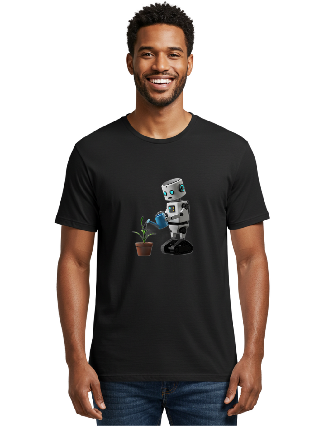 Robot-Watering-Plant Men'S Graphic Tee, 100% Cotton, Comfortable Casual Summer Wear, Machine Washable, Robot Watering Plant, Futuristic Gardening, Artificial Intelligence, Robotic Care, Potted Plant, Blue Watering Can, Robotic Technology, Bab357