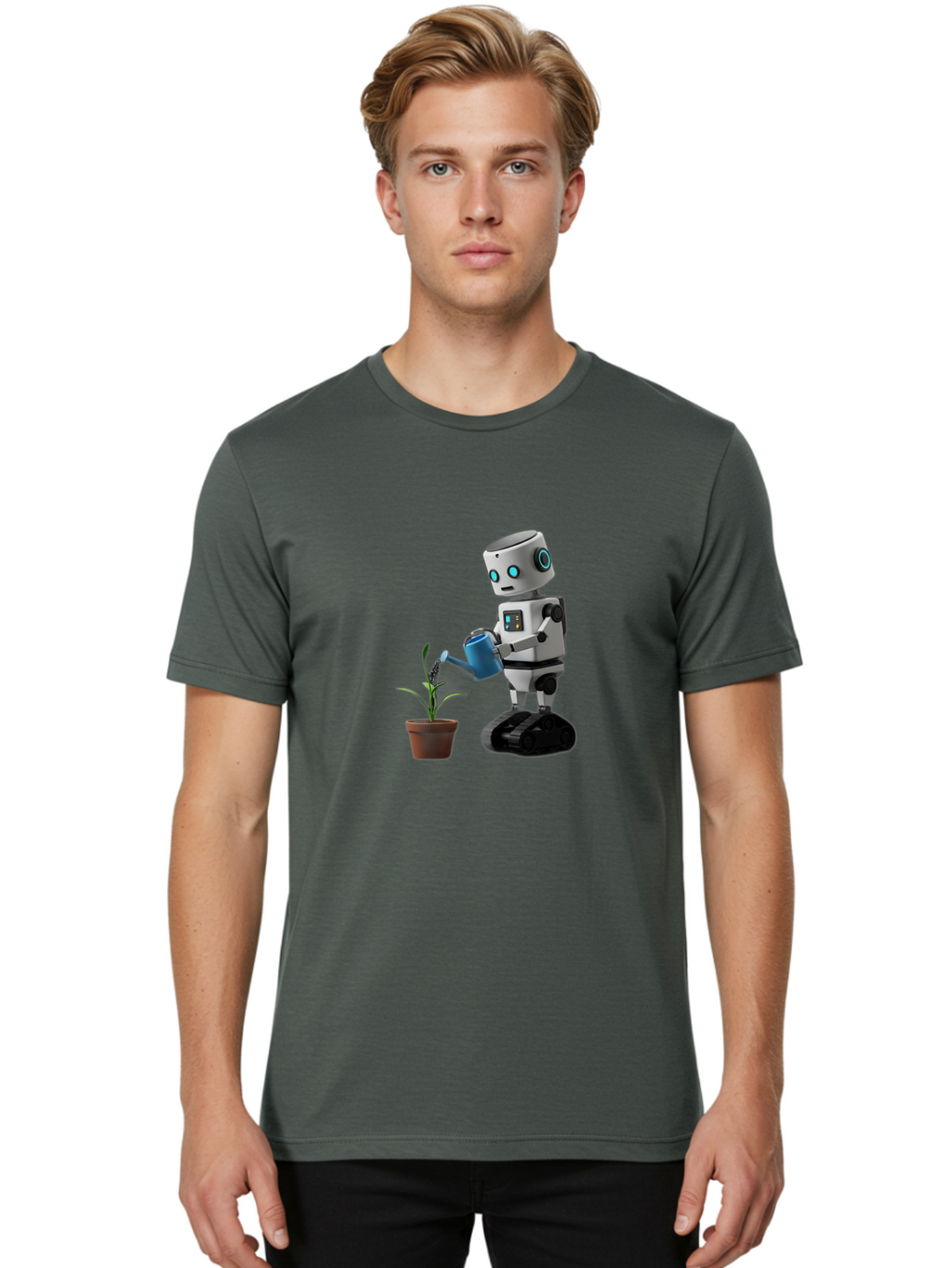 Robot-Watering-Plant Men'S Graphic Tee, 100% Cotton, Comfortable Casual Summer Wear, Machine Washable, Robot Watering Plant, Futuristic Gardening, Artificial Intelligence, Robotic Care, Potted Plant, Blue Watering Can, Robotic Technology, Bab357