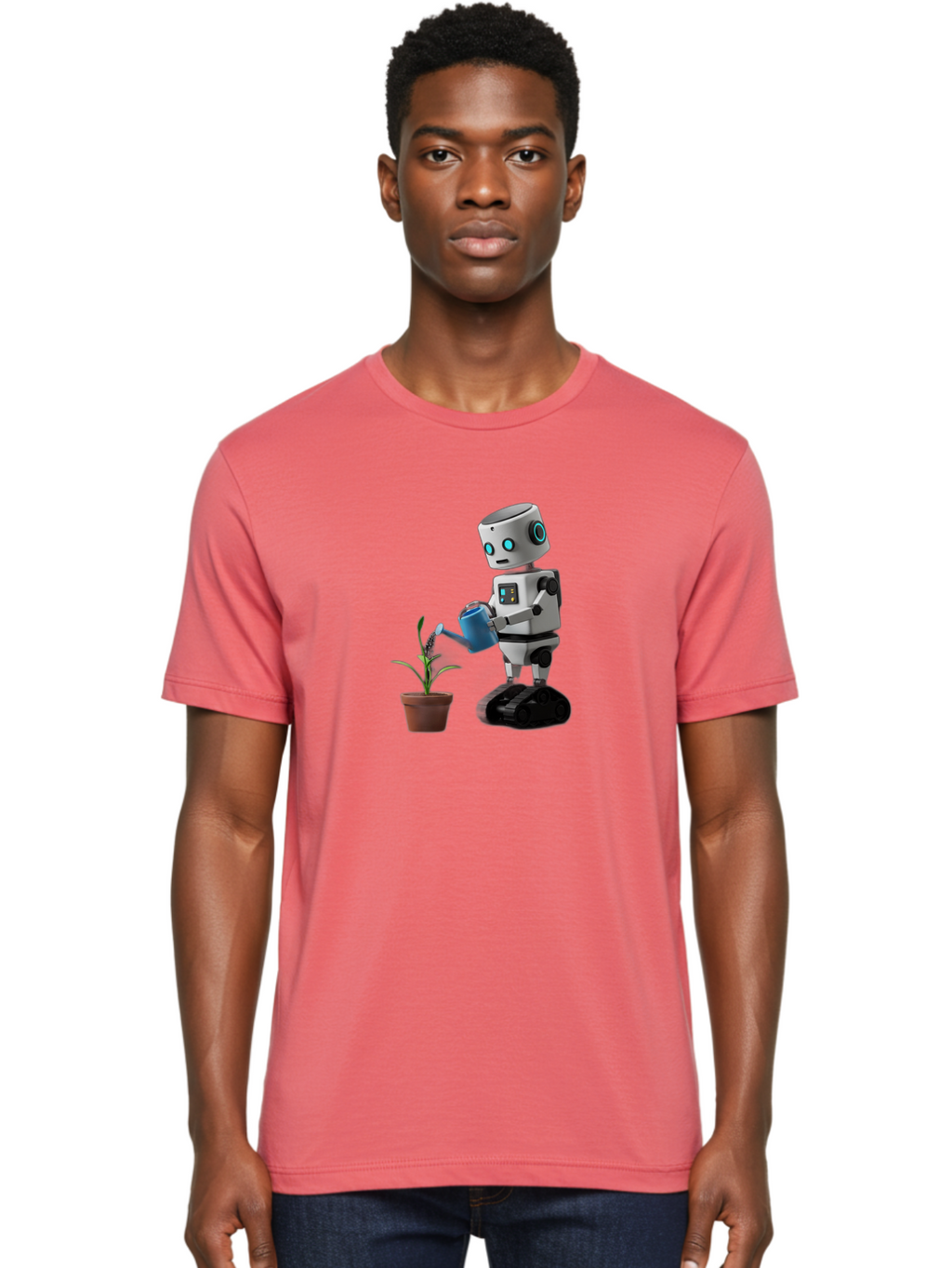 Robot-Watering-Plant Men'S Graphic Tee, 100% Cotton, Comfortable Casual Summer Wear, Machine Washable, Robot Watering Plant, Futuristic Gardening, Artificial Intelligence, Robotic Care, Potted Plant, Blue Watering Can, Robotic Technology, Bab357