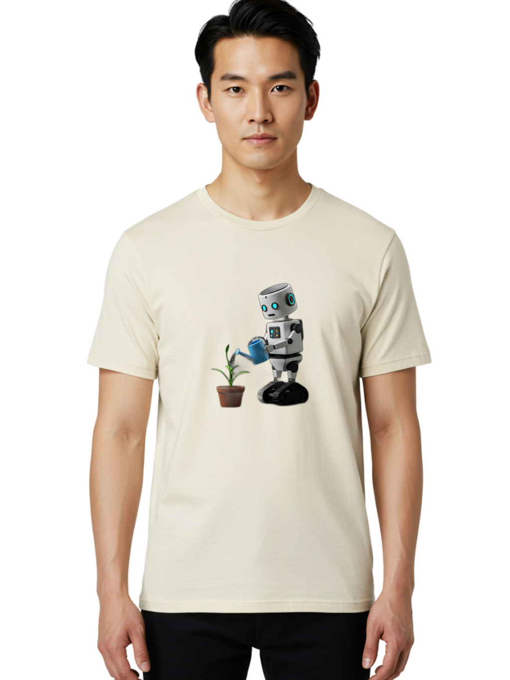 Robot-Watering-Plant Men'S Graphic Tee, 100% Cotton, Comfortable Casual Summer Wear, Machine Washable, Robot Watering Plant, Futuristic Gardening, Artificial Intelligence, Robotic Care, Potted Plant, Blue Watering Can, Robotic Technology, Bab357