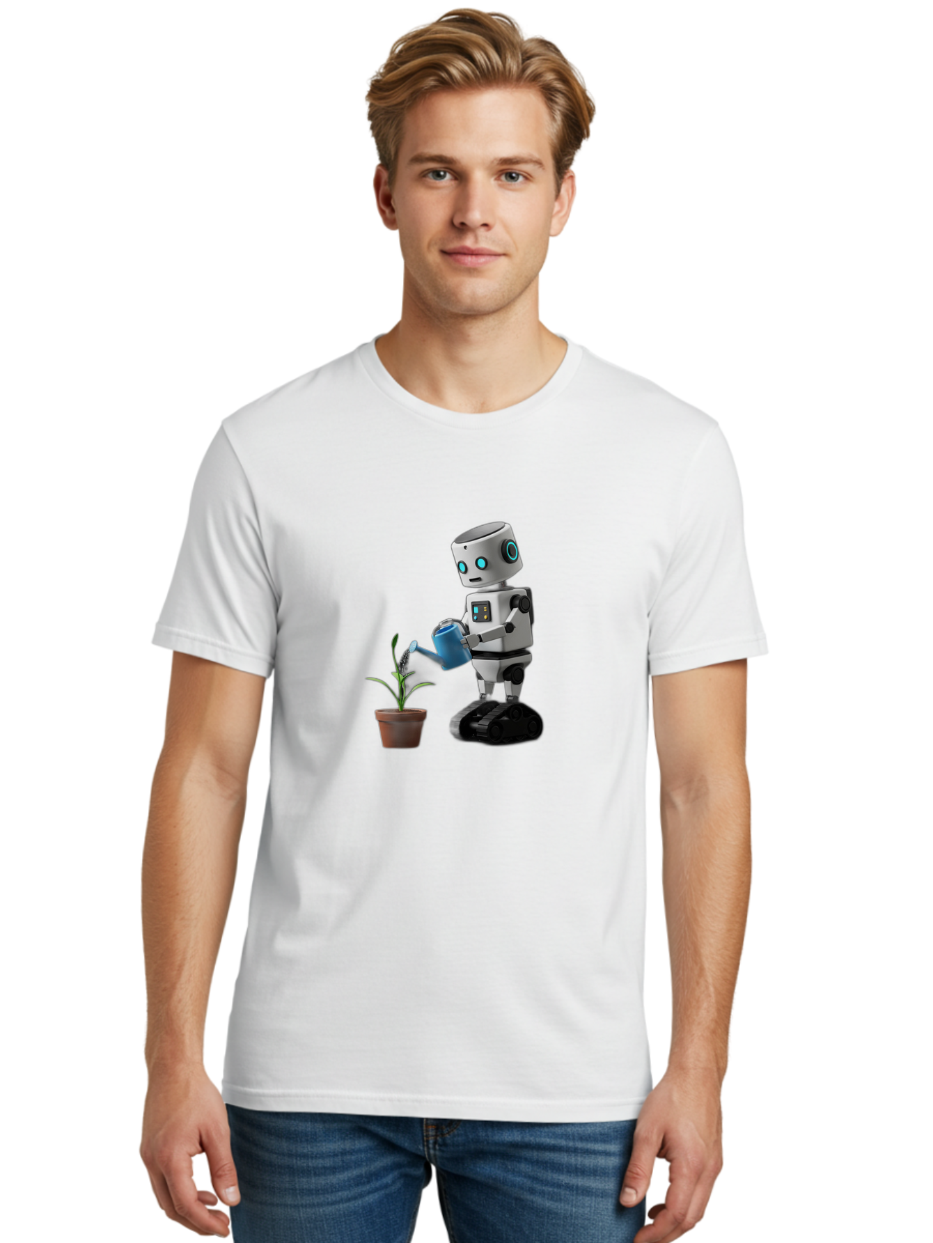 Robot-Watering-Plant Men'S Graphic Tee, 100% Cotton, Comfortable Casual Summer Wear, Machine Washable, Robot Watering Plant, Futuristic Gardening, Artificial Intelligence, Robotic Care, Potted Plant, Blue Watering Can, Robotic Technology, Bab357