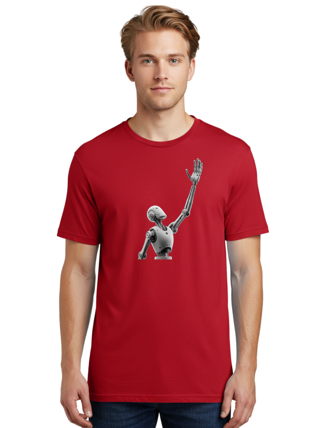 Robot-Waving Men'S Graphic Tee, 100% Cotton, Comfortable Casual Summer Wear, Machine Washable, Robot Waving Hand, Humanoid Robot, Robotic Arm, Mechanical Body, Futuristic Technology, Artificial Intelligence, Robot Greeting Bab358