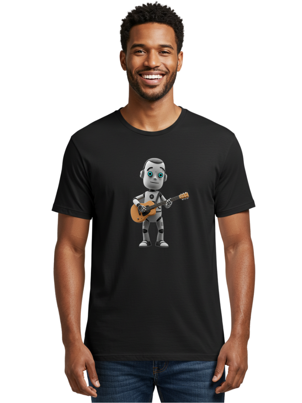 Robot-With-Guitar Men'S Graphic Tee, 100% Cotton, Comfortable Casual Summer Wear, Machine Washable, Robot Character, Playing Acoustic Guitar, Digital Art, Futuristic Design, Music Technology, Robot Musician, Cartoon Style, Blue Eyes, Bab359
