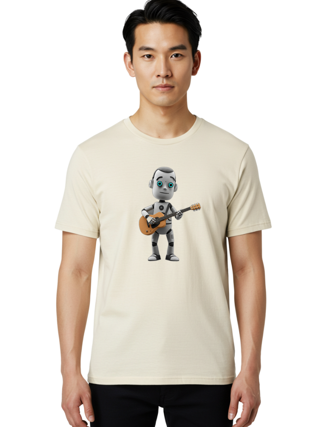 Robot-With-Guitar Men'S Graphic Tee, 100% Cotton, Comfortable Casual Summer Wear, Machine Washable, Robot Character, Playing Acoustic Guitar, Digital Art, Futuristic Design, Music Technology, Robot Musician, Cartoon Style, Blue Eyes, Bab359