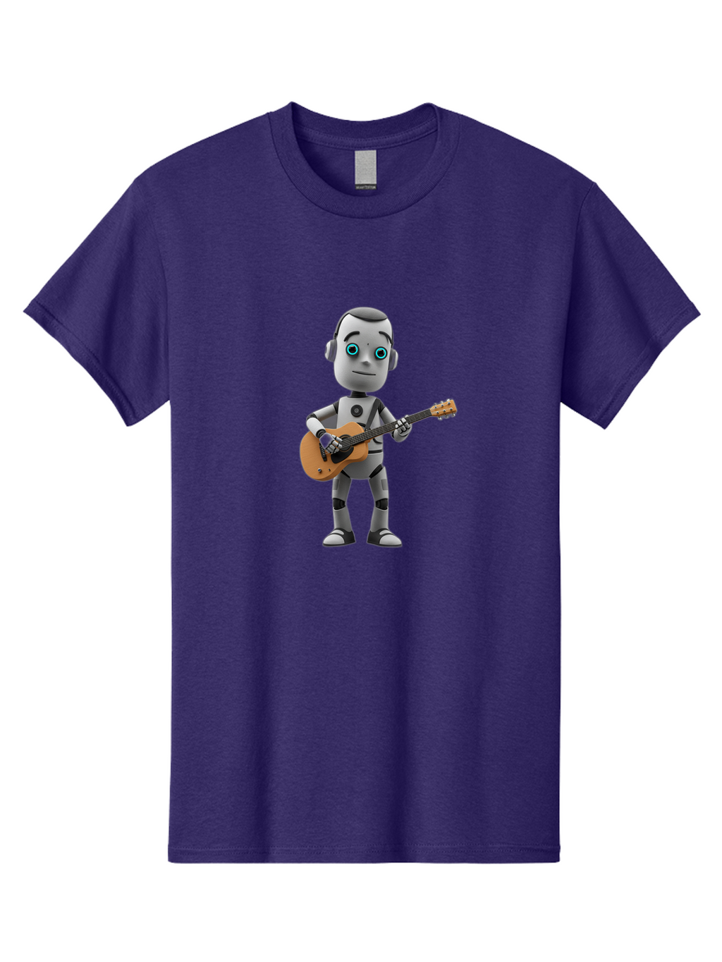 Robot-With-Guitar Men'S Graphic Tee, 100% Cotton, Comfortable Casual Summer Wear, Machine Washable, Robot Character, Playing Acoustic Guitar, Digital Art, Futuristic Design, Music Technology, Robot Musician, Cartoon Style, Blue Eyes, Bab359