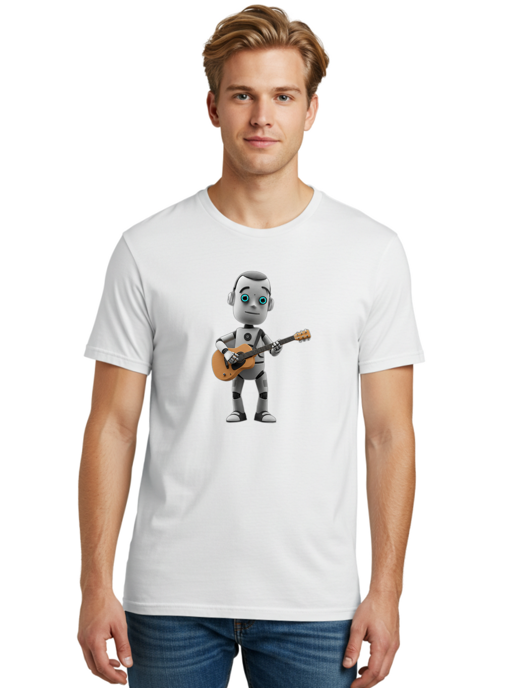 Robot-With-Guitar Men'S Graphic Tee, 100% Cotton, Comfortable Casual Summer Wear, Machine Washable, Robot Character, Playing Acoustic Guitar, Digital Art, Futuristic Design, Music Technology, Robot Musician, Cartoon Style, Blue Eyes, Bab359