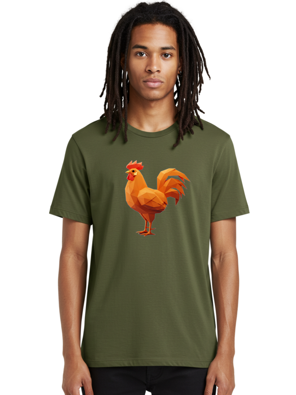 Rooster Men'S Graphic Tee, 100% Cotton, Comfortable Casual Summer Wear, Machine Washable, Low Poly Rooster, Orange Rooster, 3D Rooster, Polygonal Art, Geometric Animal, Farm Animal, Rooster Illustration, Modern Rooster Design, Digital Art Bab363