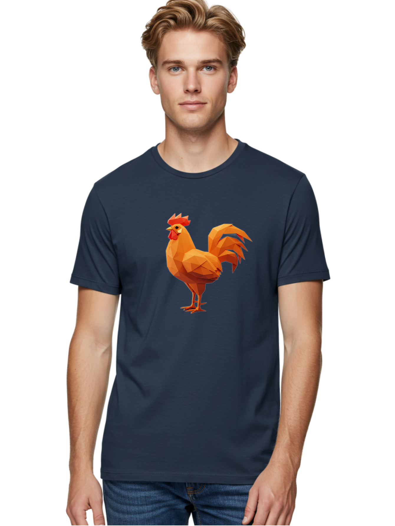 Rooster Men'S Graphic Tee, 100% Cotton, Comfortable Casual Summer Wear, Machine Washable, Low Poly Rooster, Orange Rooster, 3D Rooster, Polygonal Art, Geometric Animal, Farm Animal, Rooster Illustration, Modern Rooster Design, Digital Art Bab363