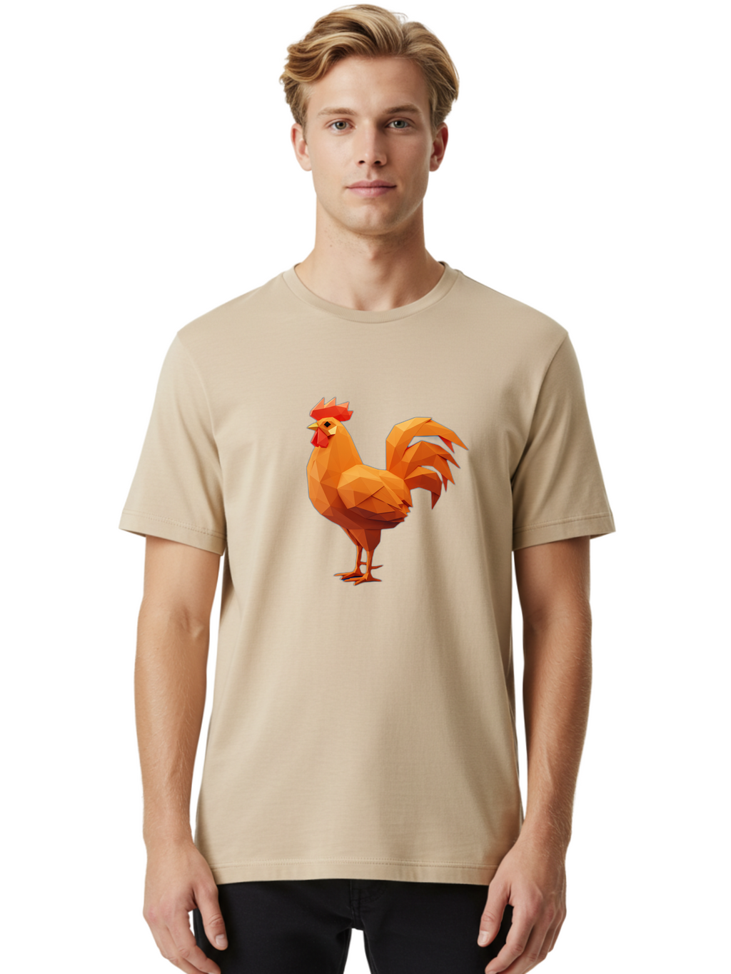 Rooster Men'S Graphic Tee, 100% Cotton, Comfortable Casual Summer Wear, Machine Washable, Low Poly Rooster, Orange Rooster, 3D Rooster, Polygonal Art, Geometric Animal, Farm Animal, Rooster Illustration, Modern Rooster Design, Digital Art Bab363
