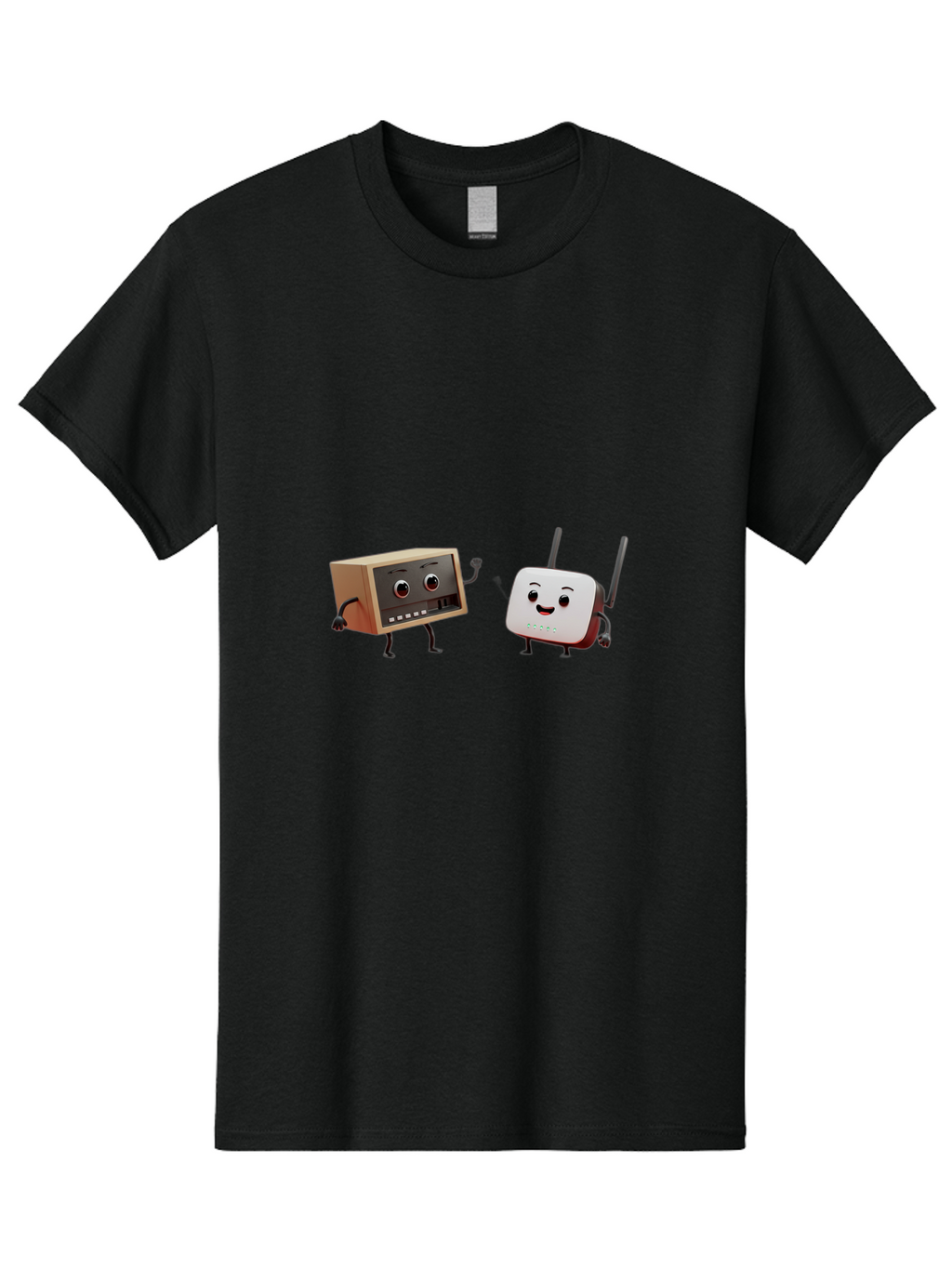 Router-And-Radio Men'S Graphic Tee, 100% Cotton, Comfortable Casual Summer Wear, Machine Washable, Anthropomorphic Router, Anthropomorphic Radio, Funny Characters, Cartoon Devices, Smiling Faces, Wireless Technology, Nostalgic Radio, Bab364
