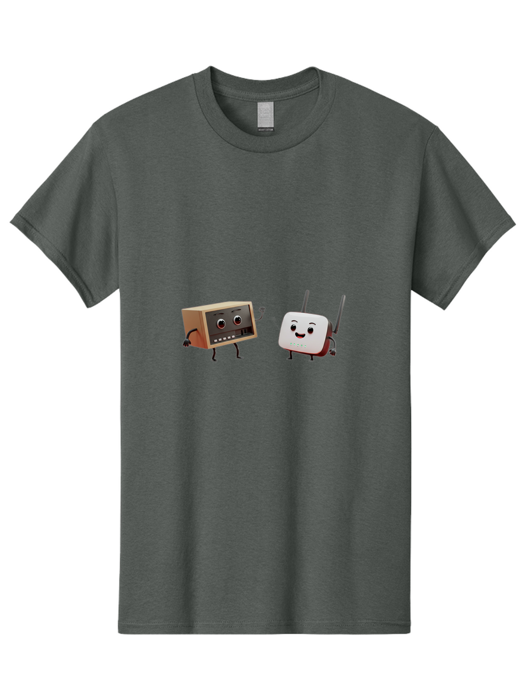 Router-And-Radio Men'S Graphic Tee, 100% Cotton, Comfortable Casual Summer Wear, Machine Washable, Anthropomorphic Router, Anthropomorphic Radio, Funny Characters, Cartoon Devices, Smiling Faces, Wireless Technology, Nostalgic Radio, Bab364