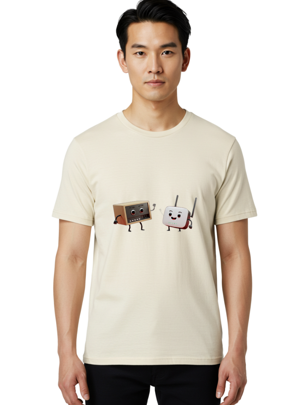 Router-And-Radio Men'S Graphic Tee, 100% Cotton, Comfortable Casual Summer Wear, Machine Washable, Anthropomorphic Router, Anthropomorphic Radio, Funny Characters, Cartoon Devices, Smiling Faces, Wireless Technology, Nostalgic Radio, Bab364