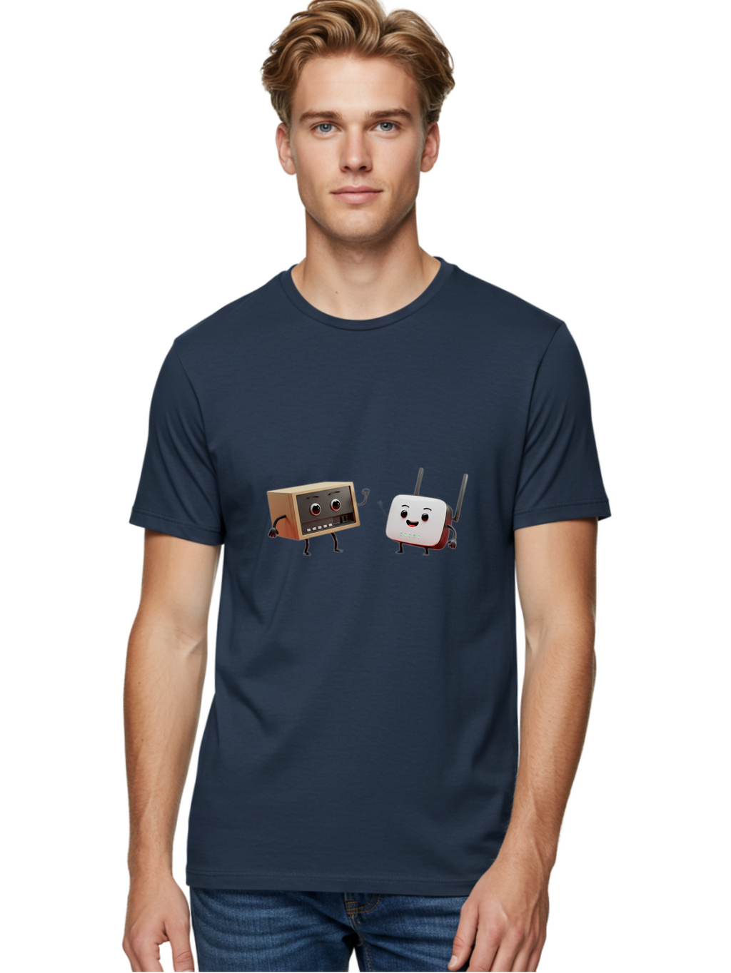 Router-And-Radio Men'S Graphic Tee, 100% Cotton, Comfortable Casual Summer Wear, Machine Washable, Anthropomorphic Router, Anthropomorphic Radio, Funny Characters, Cartoon Devices, Smiling Faces, Wireless Technology, Nostalgic Radio, Bab364