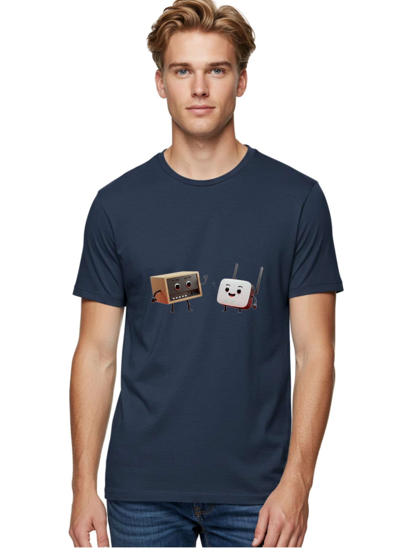 Router-And-Radio Men'S Graphic Tee, 100% Cotton, Comfortable Casual Summer Wear, Machine Washable, Anthropomorphic Router, Anthropomorphic Radio, Funny Characters, Cartoon Devices, Smiling Faces, Wireless Technology, Nostalgic Radio, Bab364