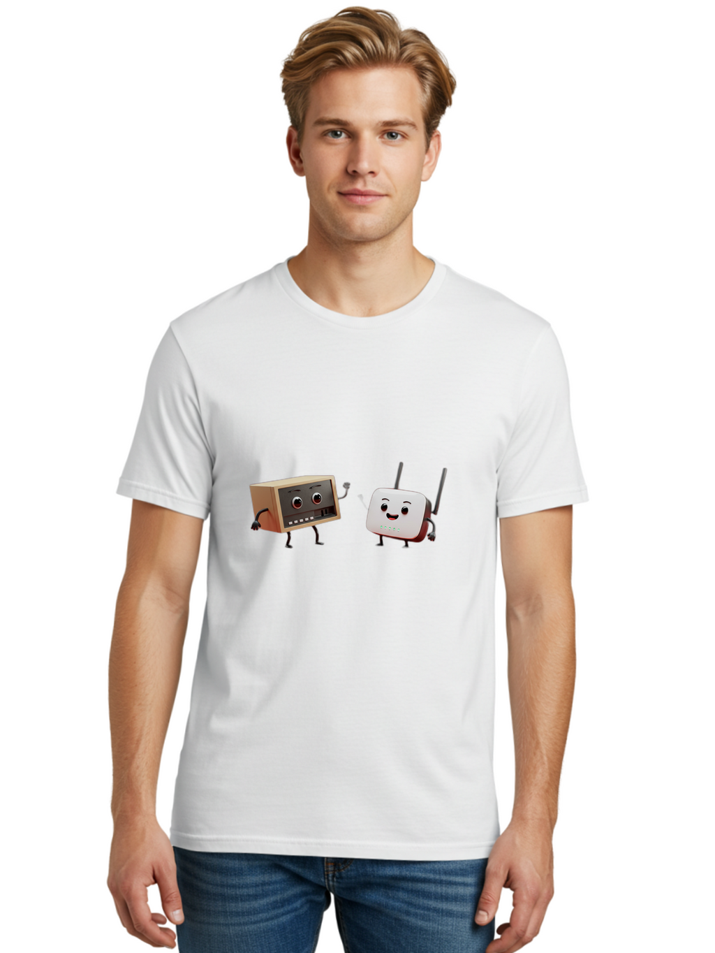 Router-And-Radio Men'S Graphic Tee, 100% Cotton, Comfortable Casual Summer Wear, Machine Washable, Anthropomorphic Router, Anthropomorphic Radio, Funny Characters, Cartoon Devices, Smiling Faces, Wireless Technology, Nostalgic Radio, Bab364