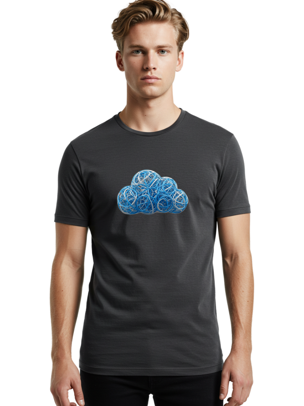 Rubber-Band-Cloud Men'S Graphic Tee, 100% Cotton, Comfortable Casual Summer Wear, Machine Washable, Blue Wires, Cloud Shape, Abstract Composition, Tangled Wires, Modern Design, Creative Art, Blue And White Hues, Spherical Forms, Bab365