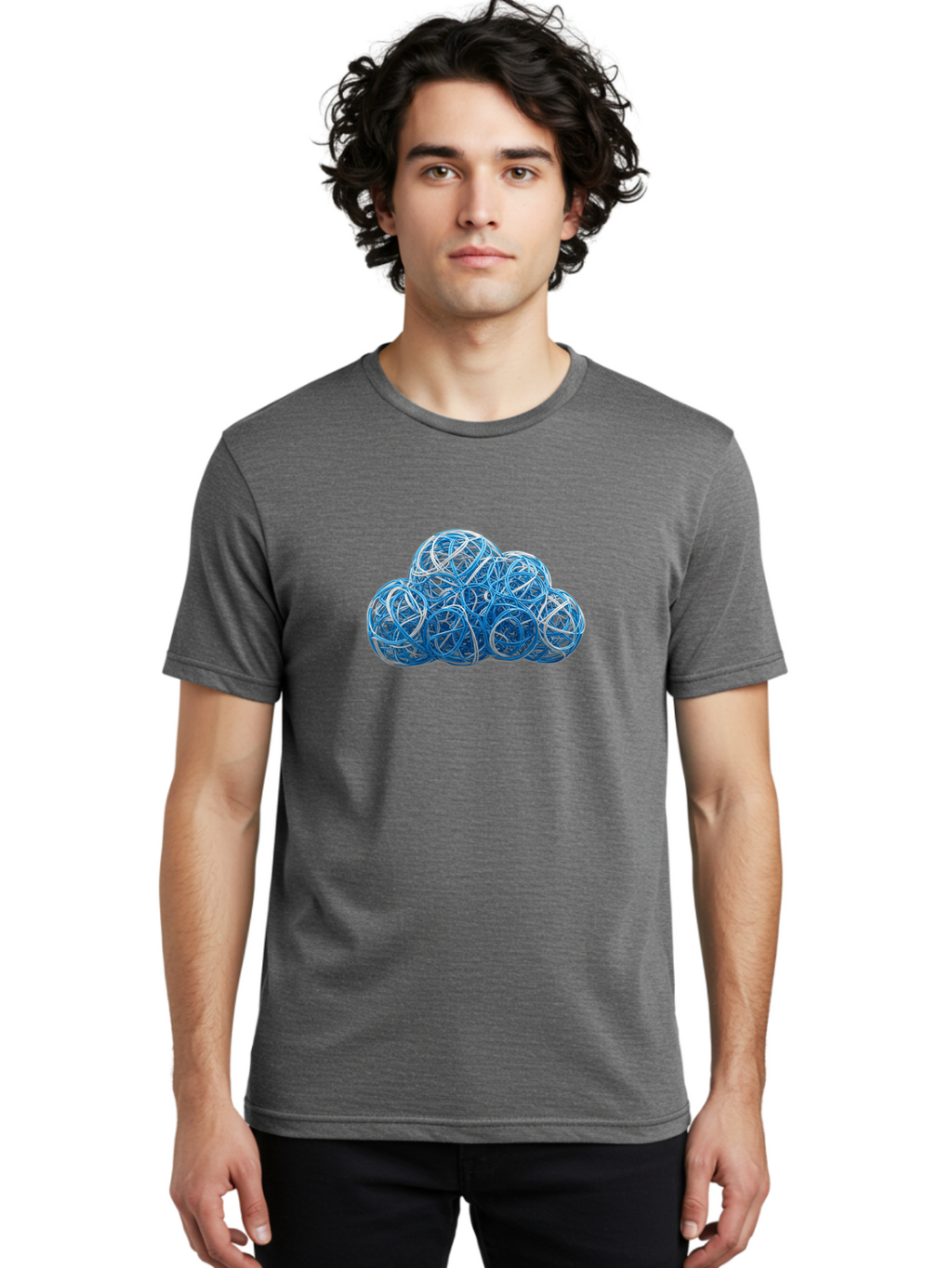 Rubber-Band-Cloud Men'S Graphic Tee, 100% Cotton, Comfortable Casual Summer Wear, Machine Washable, Blue Wires, Cloud Shape, Abstract Composition, Tangled Wires, Modern Design, Creative Art, Blue And White Hues, Spherical Forms, Bab365