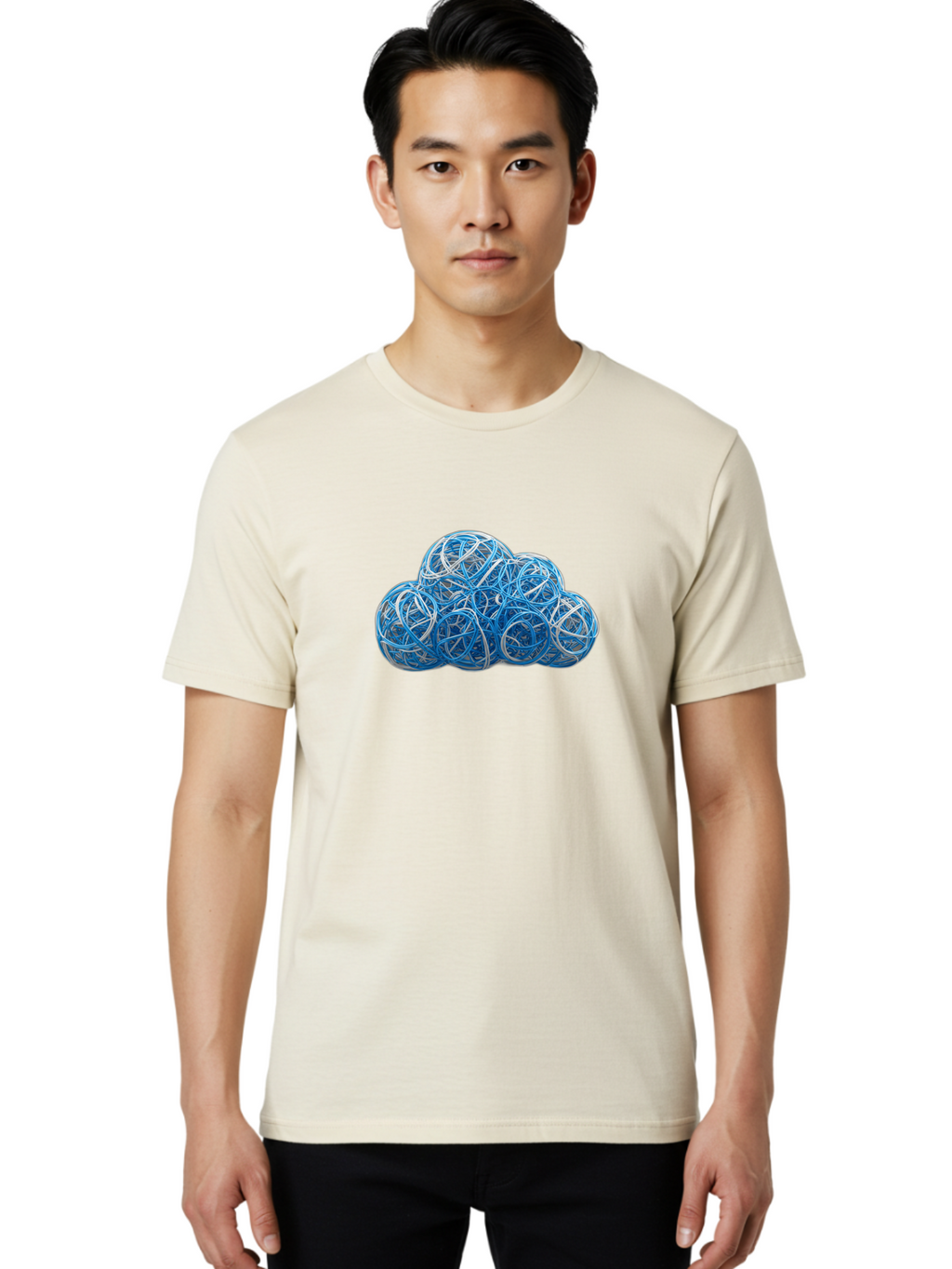 Rubber-Band-Cloud Men'S Graphic Tee, 100% Cotton, Comfortable Casual Summer Wear, Machine Washable, Blue Wires, Cloud Shape, Abstract Composition, Tangled Wires, Modern Design, Creative Art, Blue And White Hues, Spherical Forms, Bab365
