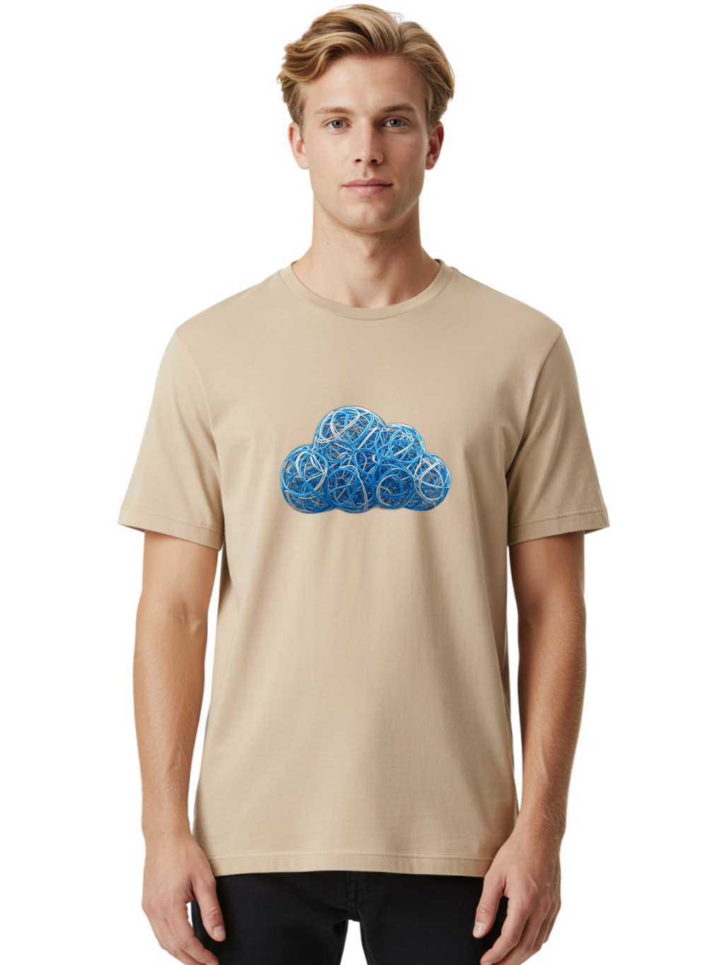 Rubber-Band-Cloud Men'S Graphic Tee, 100% Cotton, Comfortable Casual Summer Wear, Machine Washable, Blue Wires, Cloud Shape, Abstract Composition, Tangled Wires, Modern Design, Creative Art, Blue And White Hues, Spherical Forms, Bab365