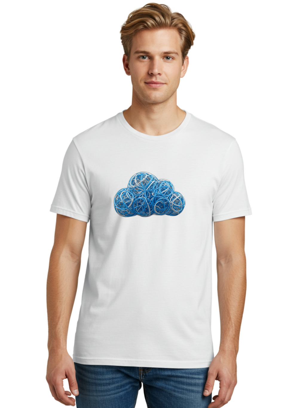 Rubber-Band-Cloud Men'S Graphic Tee, 100% Cotton, Comfortable Casual Summer Wear, Machine Washable, Blue Wires, Cloud Shape, Abstract Composition, Tangled Wires, Modern Design, Creative Art, Blue And White Hues, Spherical Forms, Bab365