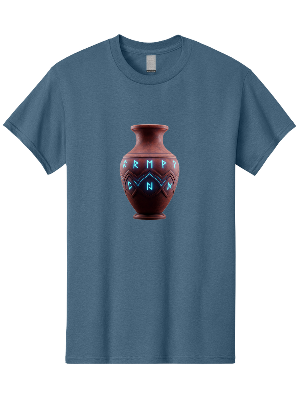 Runic-Vase Men'S Graphic Tee, 100% Cotton, Comfortable Casual Summer Wear, Machine Washable, Ancient Pottery, Clay Vase, Mysterious Symbols, Glowing Blue Letters, Armp Cna, Tribal Art, Glowing Neon, Symbolic Vase, Ancient Artifact, Bab366