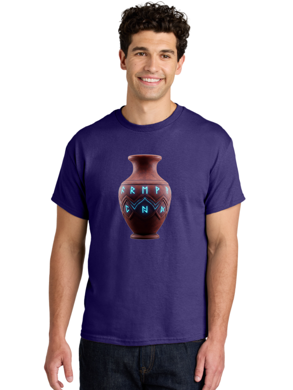 Runic-Vase Men'S Graphic Tee, 100% Cotton, Comfortable Casual Summer Wear, Machine Washable, Ancient Pottery, Clay Vase, Mysterious Symbols, Glowing Blue Letters, Armp Cna, Tribal Art, Glowing Neon, Symbolic Vase, Ancient Artifact, Bab366