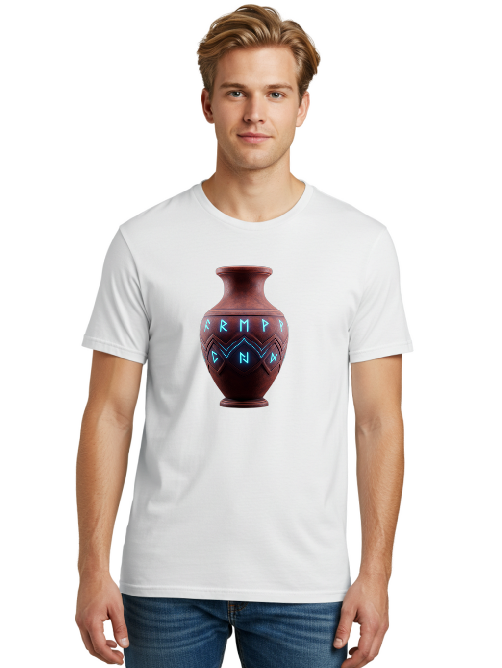 Runic-Vase Men'S Graphic Tee, 100% Cotton, Comfortable Casual Summer Wear, Machine Washable, Ancient Pottery, Clay Vase, Mysterious Symbols, Glowing Blue Letters, Armp Cna, Tribal Art, Glowing Neon, Symbolic Vase, Ancient Artifact, Bab366