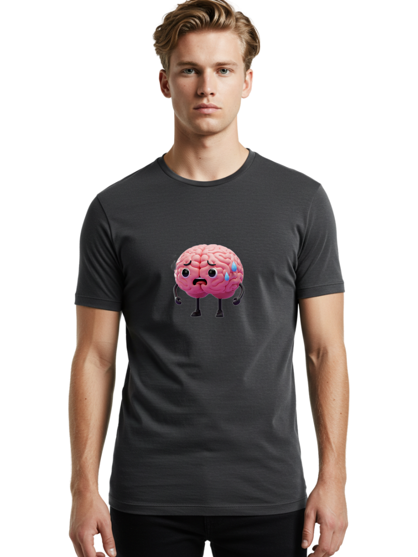Sad-Brain-2 Men'S Graphic Tee, 100% Cotton, Comfortable Casual Summer Wear, Machine Washable, Cartoon Brain, Sad Face, Blue Tears, Thinking Problems, Mental Struggle, Negative Emotions, Anxiety Feelings Bab368