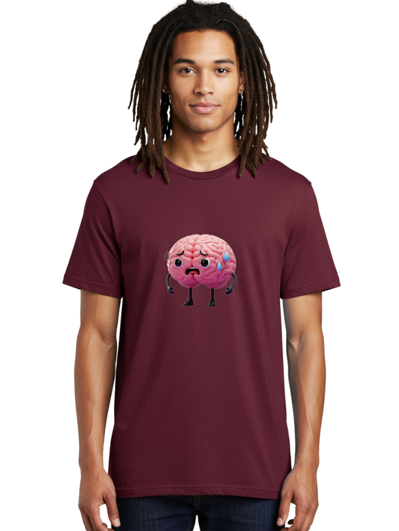 Sad-Brain-2 Men'S Graphic Tee, 100% Cotton, Comfortable Casual Summer Wear, Machine Washable, Cartoon Brain, Sad Face, Blue Tears, Thinking Problems, Mental Struggle, Negative Emotions, Anxiety Feelings Bab368