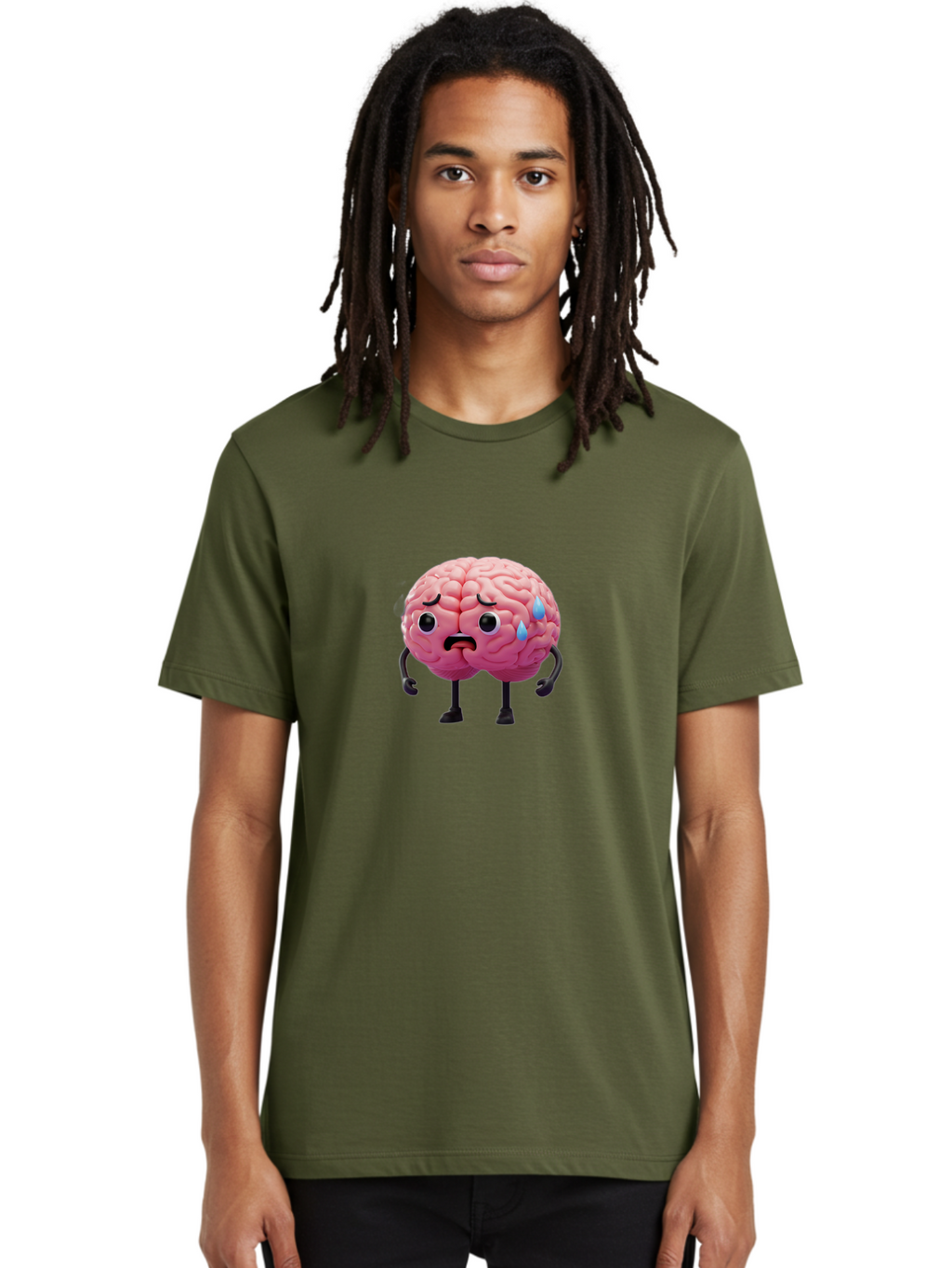 Sad-Brain-2 Men'S Graphic Tee, 100% Cotton, Comfortable Casual Summer Wear, Machine Washable, Cartoon Brain, Sad Face, Blue Tears, Thinking Problems, Mental Struggle, Negative Emotions, Anxiety Feelings Bab368