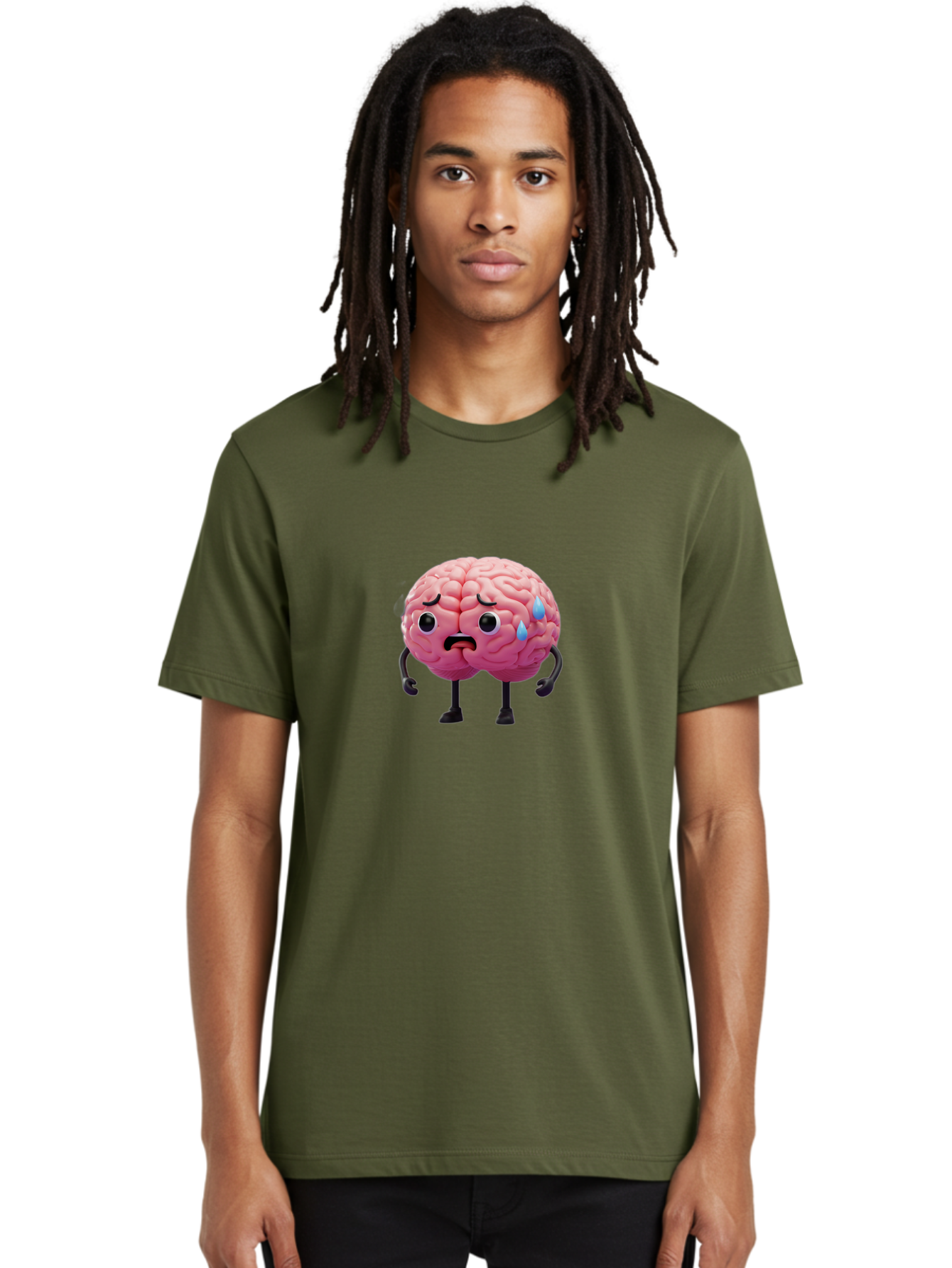 Sad-Brain-2 Men'S Graphic Tee, 100% Cotton, Comfortable Casual Summer Wear, Machine Washable, Cartoon Brain, Sad Face, Blue Tears, Thinking Problems, Mental Struggle, Negative Emotions, Anxiety Feelings Bab368