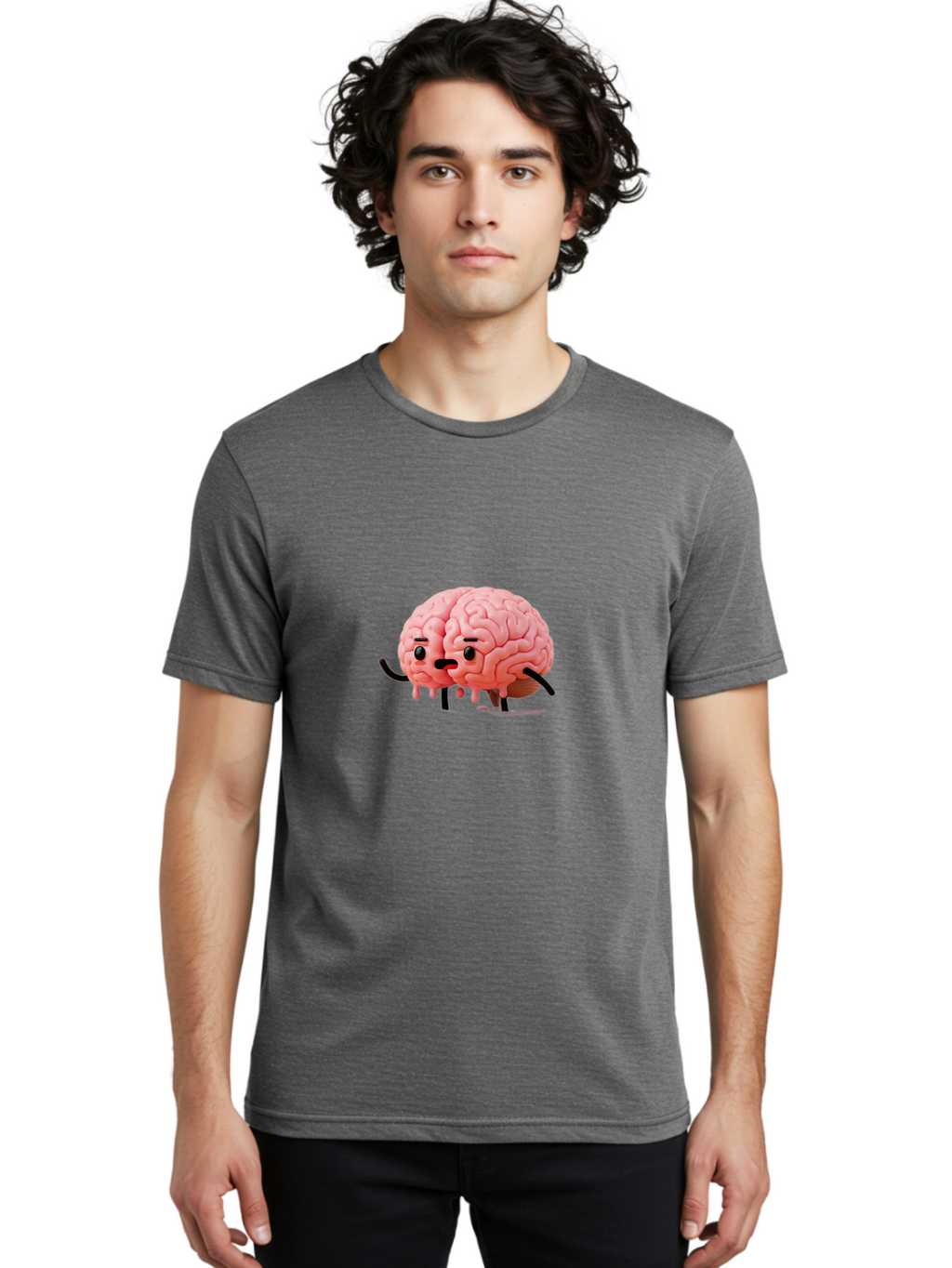 Sad-Brain-3 Men'S Graphic Tee, 100% Cotton, Comfortable Casual Summer Wear, Machine Washable, Cartoon Brain Character, Anthropomorphic Brain, Pink Brain Illustration, Brain With Face, Humorous Brain Design, Gooey Brain Texture, Thinking Brain, Bab369