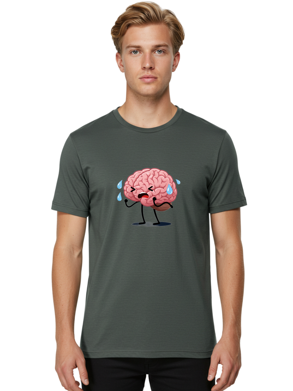 Sad-Brain-4 Men'S Graphic Tee, 100% Cotton, Comfortable Casual Summer Wear, Machine Washable, Tired Brain, Cartoon Character, Stressed Brain, Fatigue, Brain Drain, Mental Exhaustion, Overwhelmed, Anxiety, Stress Response, Emotional Distress, Bab370