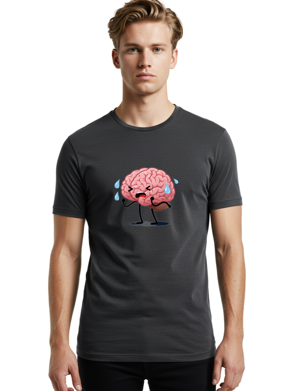 Sad-Brain-4 Men'S Graphic Tee, 100% Cotton, Comfortable Casual Summer Wear, Machine Washable, Tired Brain, Cartoon Character, Stressed Brain, Fatigue, Brain Drain, Mental Exhaustion, Overwhelmed, Anxiety, Stress Response, Emotional Distress, Bab370