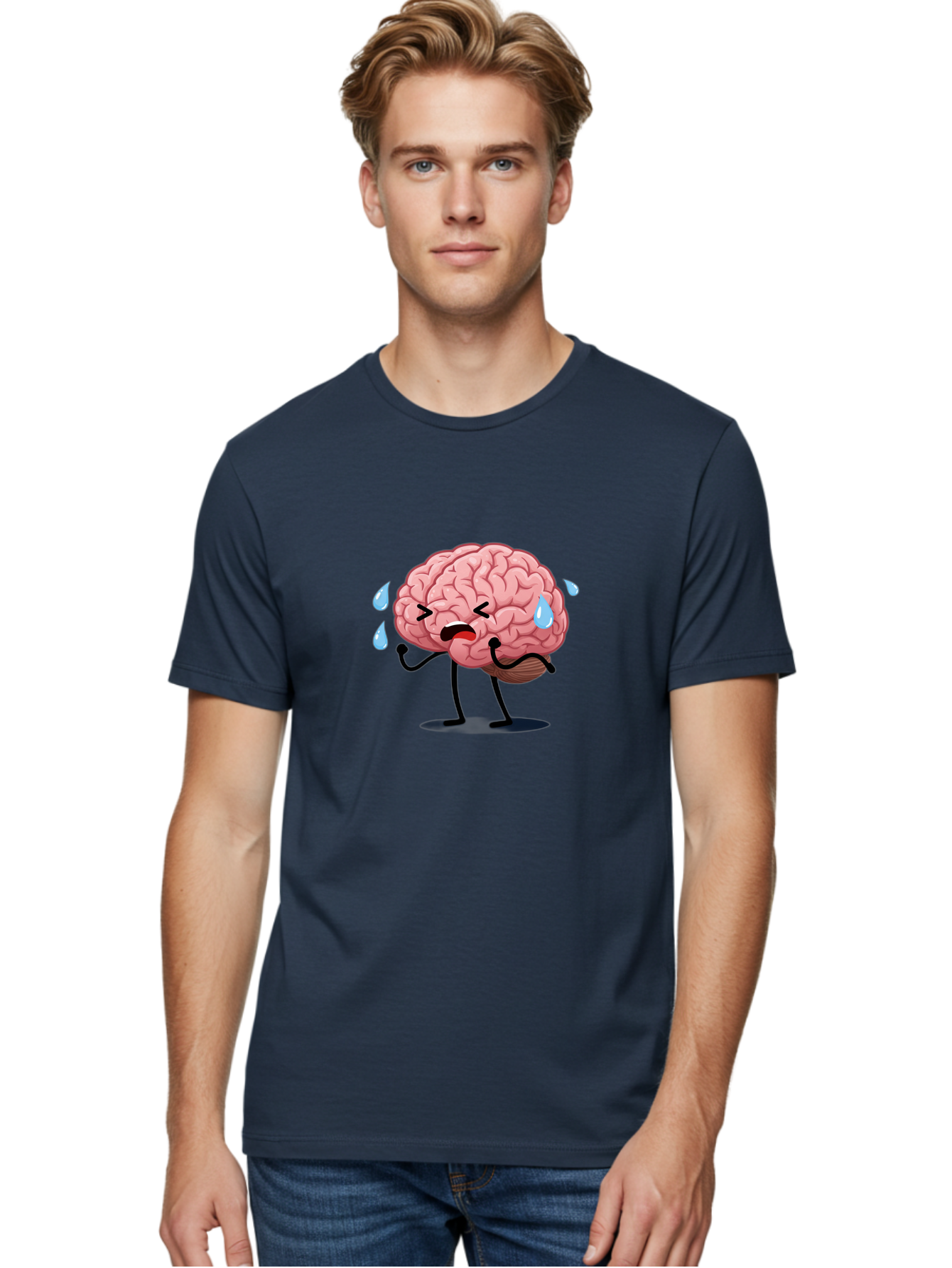 Sad-Brain-4 Men'S Graphic Tee, 100% Cotton, Comfortable Casual Summer Wear, Machine Washable, Tired Brain, Cartoon Character, Stressed Brain, Fatigue, Brain Drain, Mental Exhaustion, Overwhelmed, Anxiety, Stress Response, Emotional Distress, Bab370