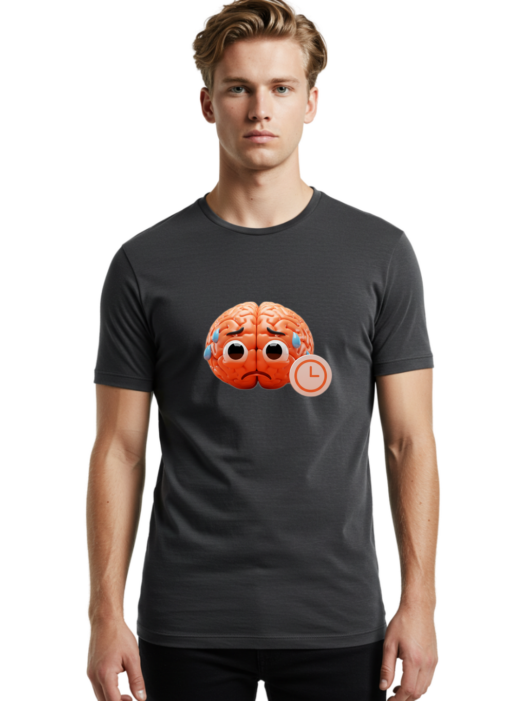Sad-Brain Men'S Graphic Tee, 100% Cotton, Comfortable Casual Summer Wear, Machine Washable, Sad Brain, Stressed Brain, Anxiety, Frowning Face, Tears, Mental Health, Brain Fatigue, Stress Emotions, Frustration, Cartoon Brain Bab371