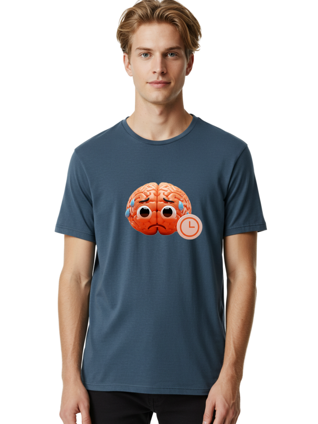 Sad-Brain Men'S Graphic Tee, 100% Cotton, Comfortable Casual Summer Wear, Machine Washable, Sad Brain, Stressed Brain, Anxiety, Frowning Face, Tears, Mental Health, Brain Fatigue, Stress Emotions, Frustration, Cartoon Brain Bab371