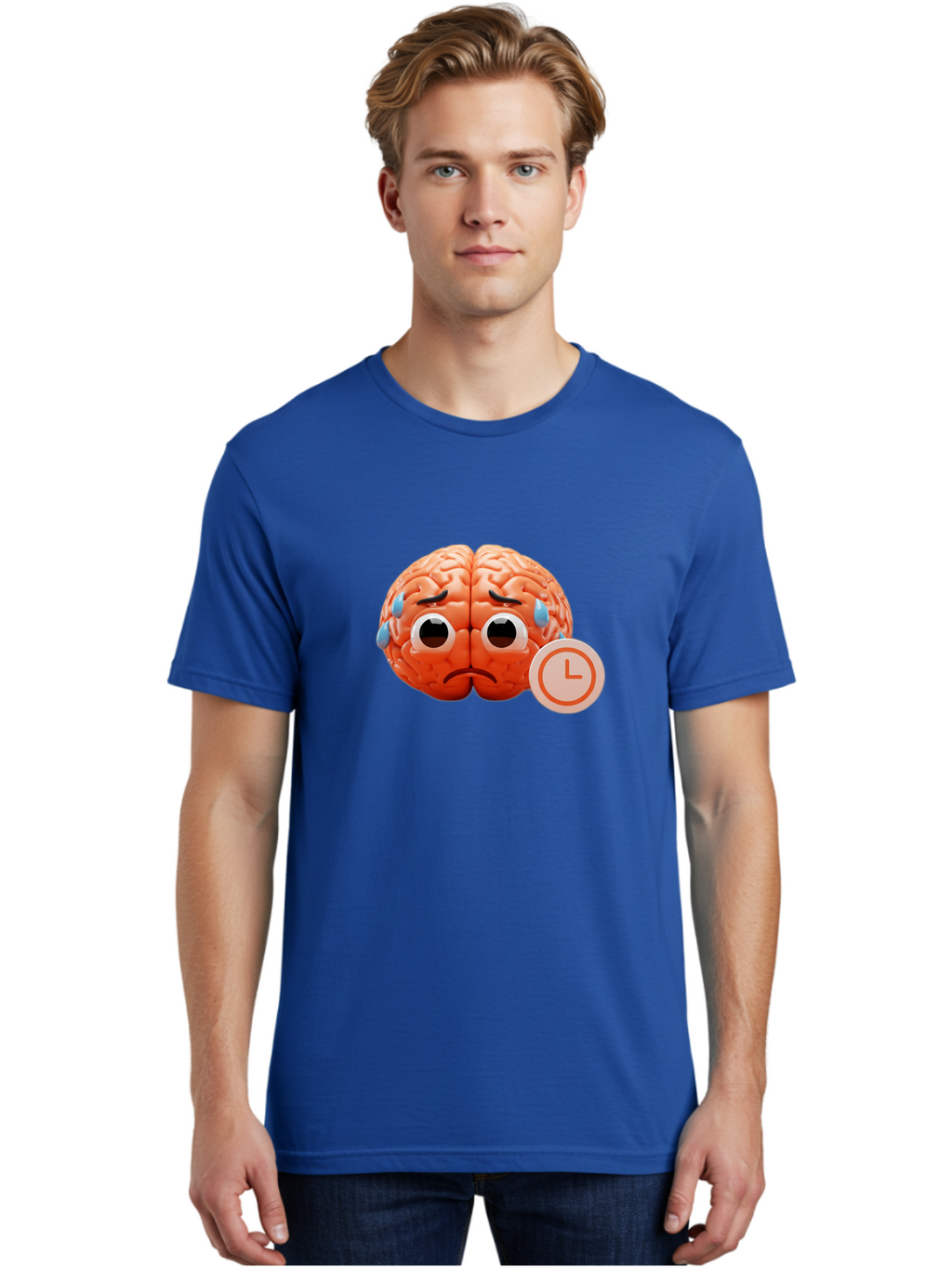 Sad-Brain Men'S Graphic Tee, 100% Cotton, Comfortable Casual Summer Wear, Machine Washable, Sad Brain, Stressed Brain, Anxiety, Frowning Face, Tears, Mental Health, Brain Fatigue, Stress Emotions, Frustration, Cartoon Brain Bab371