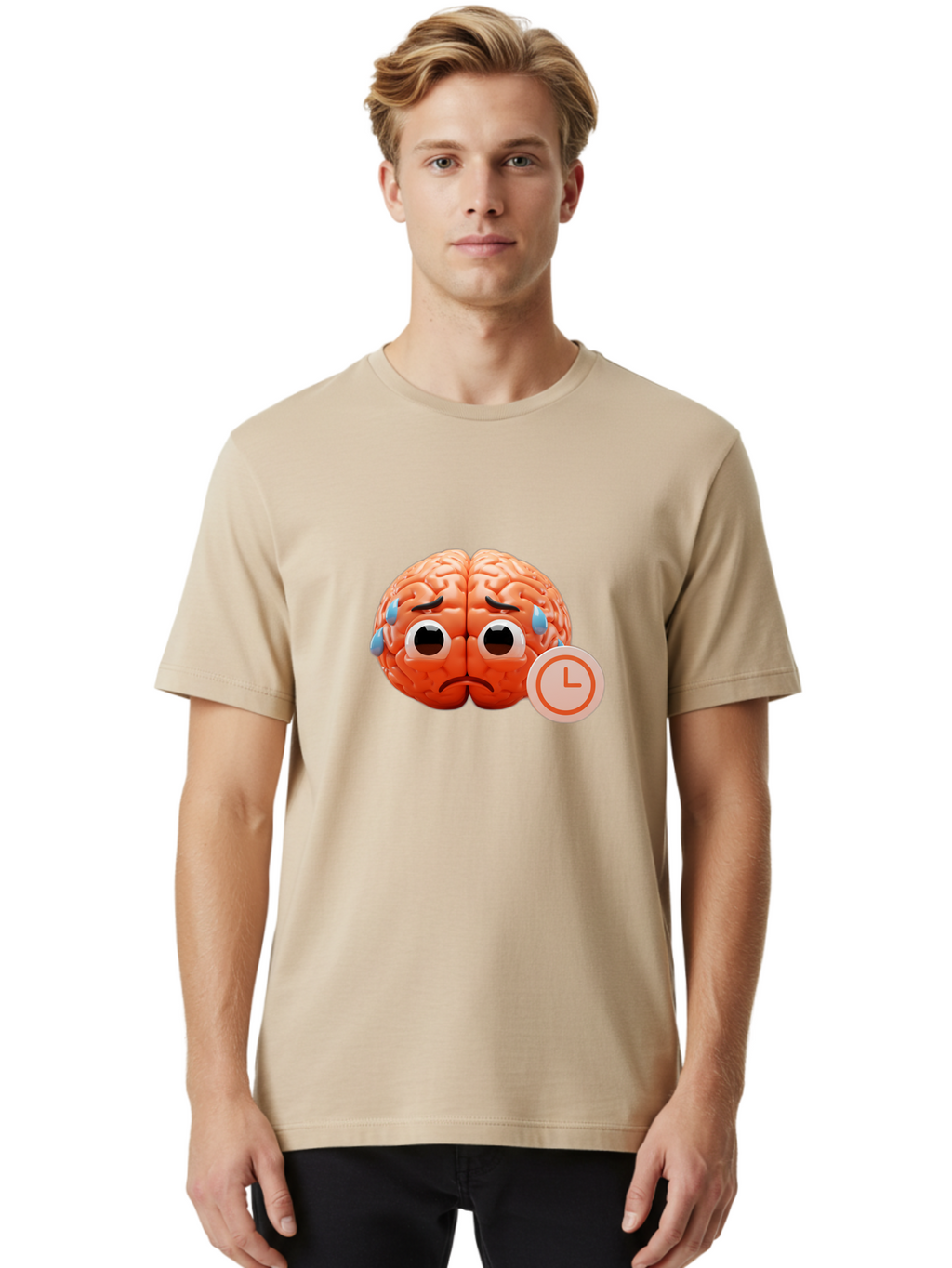 Sad-Brain Men'S Graphic Tee, 100% Cotton, Comfortable Casual Summer Wear, Machine Washable, Sad Brain, Stressed Brain, Anxiety, Frowning Face, Tears, Mental Health, Brain Fatigue, Stress Emotions, Frustration, Cartoon Brain Bab371